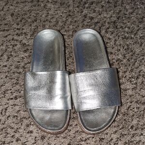 Silver Slide Sandals With Snake Print